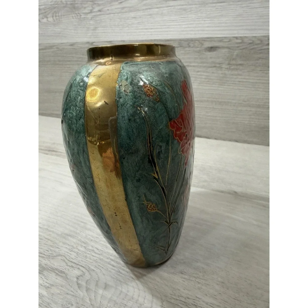 Solid Brass Polychrome Painted Lotus Vase Teal Gold Floral MCM 6